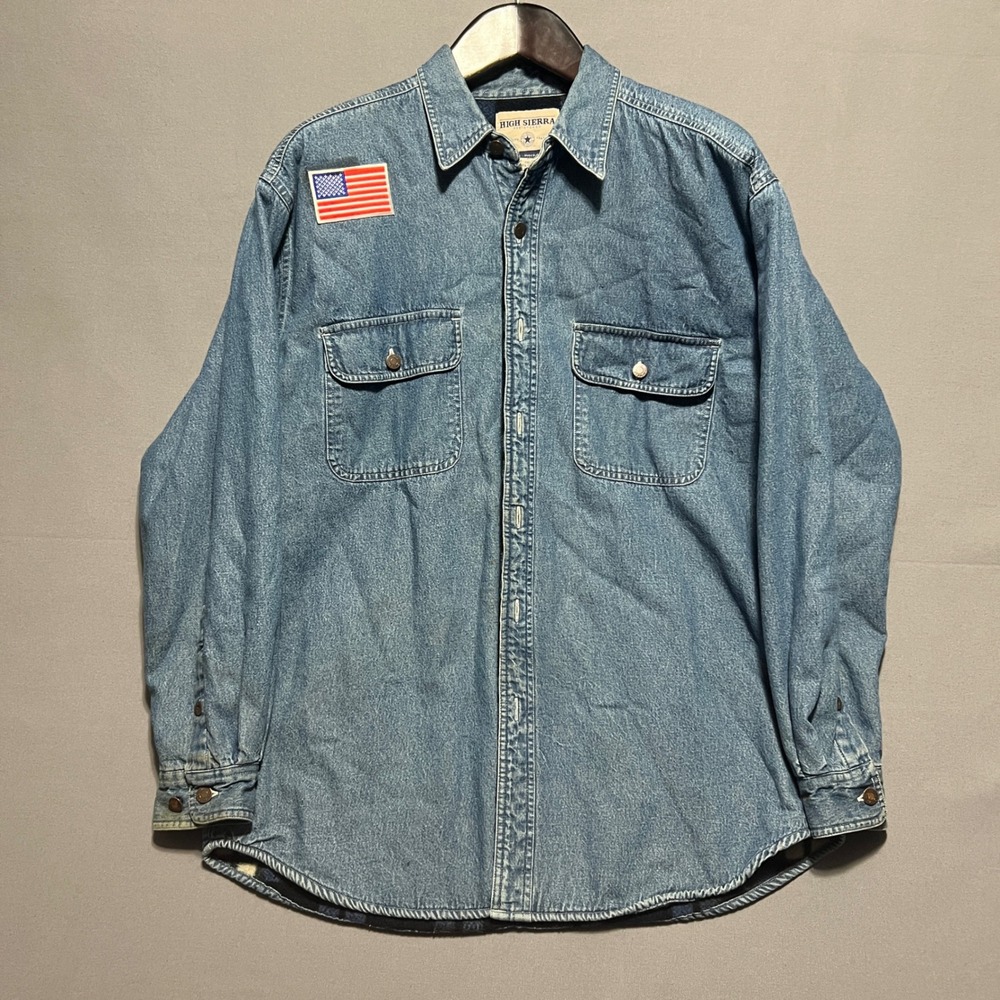 High Sierra Mens L Denim Shirt Jacket Fleece Lined Plaid Blue American Flag